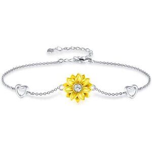 Sterling Silver Sunflower Bracelet Heart Charm Adjustable Gift for Women Girl